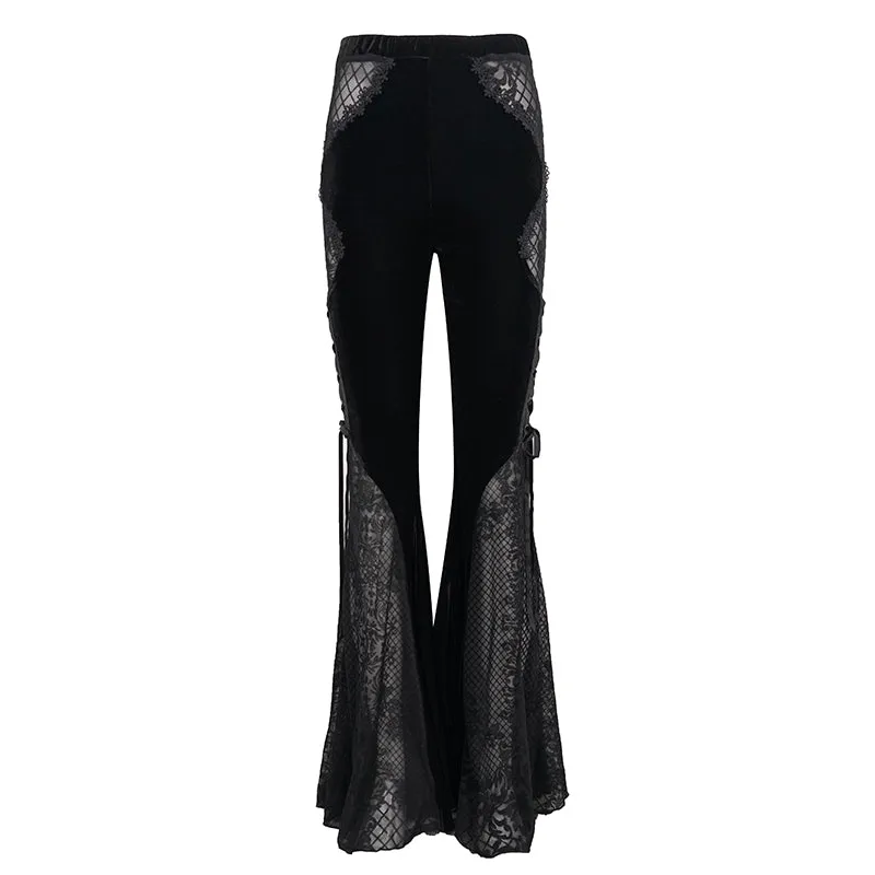 EPT009 stage see-through side laced up velvet flared black women gothic trousers