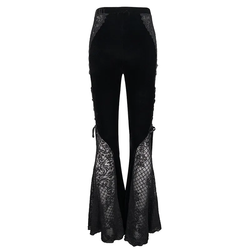 EPT009 stage see-through side laced up velvet flared black women gothic trousers