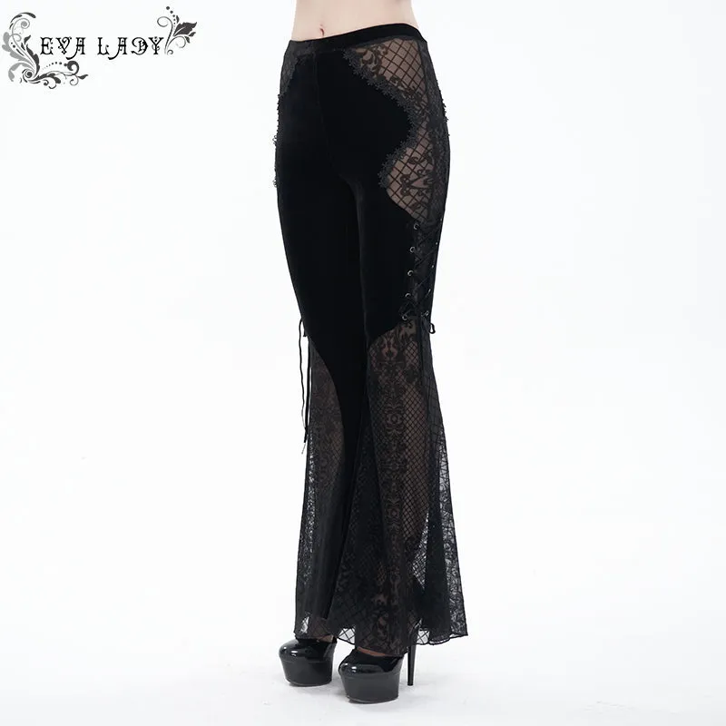 EPT009 stage see-through side laced up velvet flared black women gothic trousers