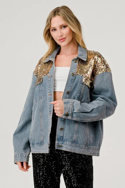 Gee Gee Wash Denim Gold Sequins Jacket