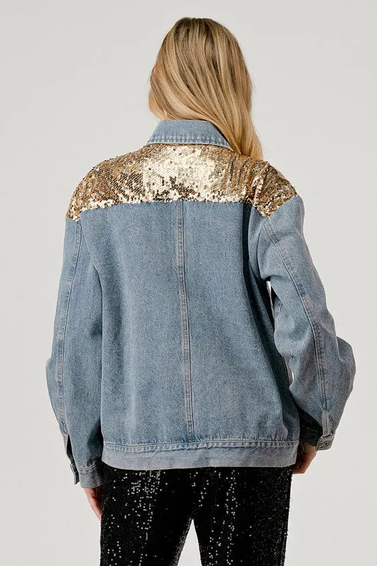 Gee Gee Wash Denim Gold Sequins Jacket