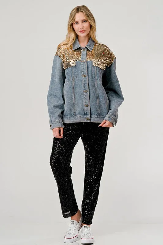 Gee Gee Wash Denim Gold Sequins Jacket