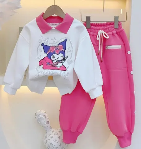 Girls Cartoon Printed Pink Tracksuit