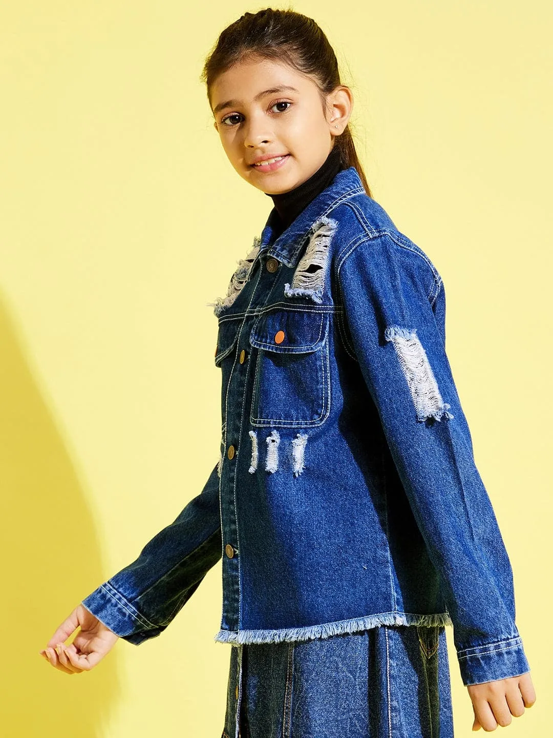 Girls Navy Raw Hem Distressed Denim Jacket