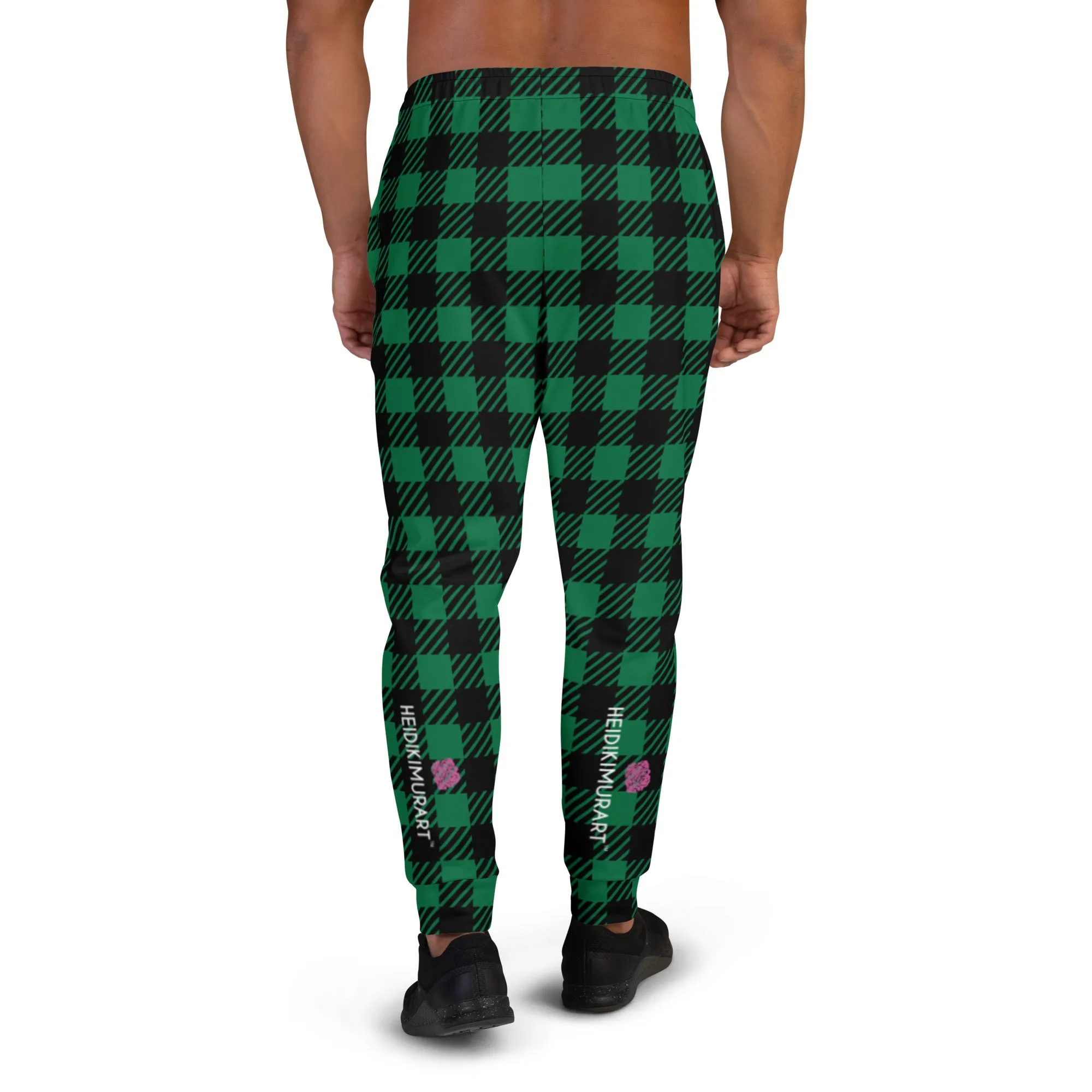 Green Buffalo Print Men's Joggers, Green Plaid Print Men's Sweatpants Pants -Made in USA/EU/MX