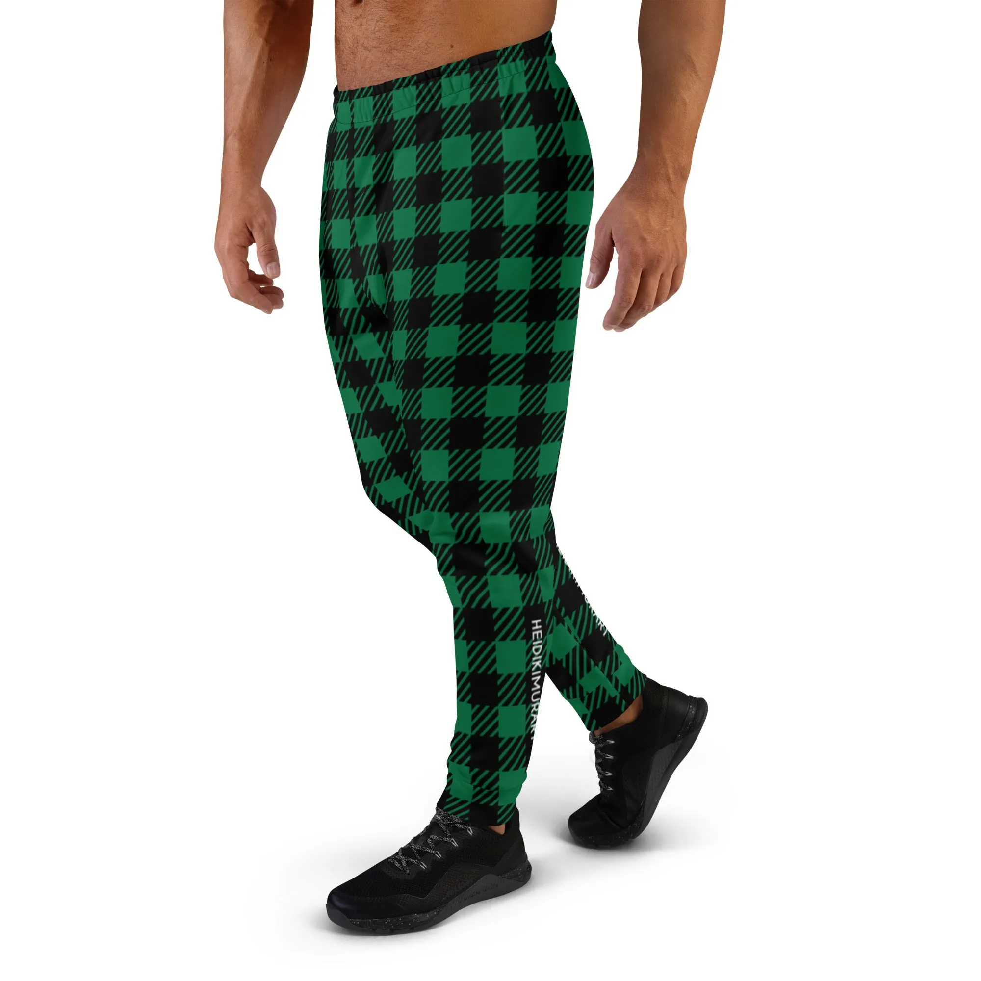 Green Buffalo Print Men's Joggers, Green Plaid Print Men's Sweatpants Pants -Made in USA/EU/MX