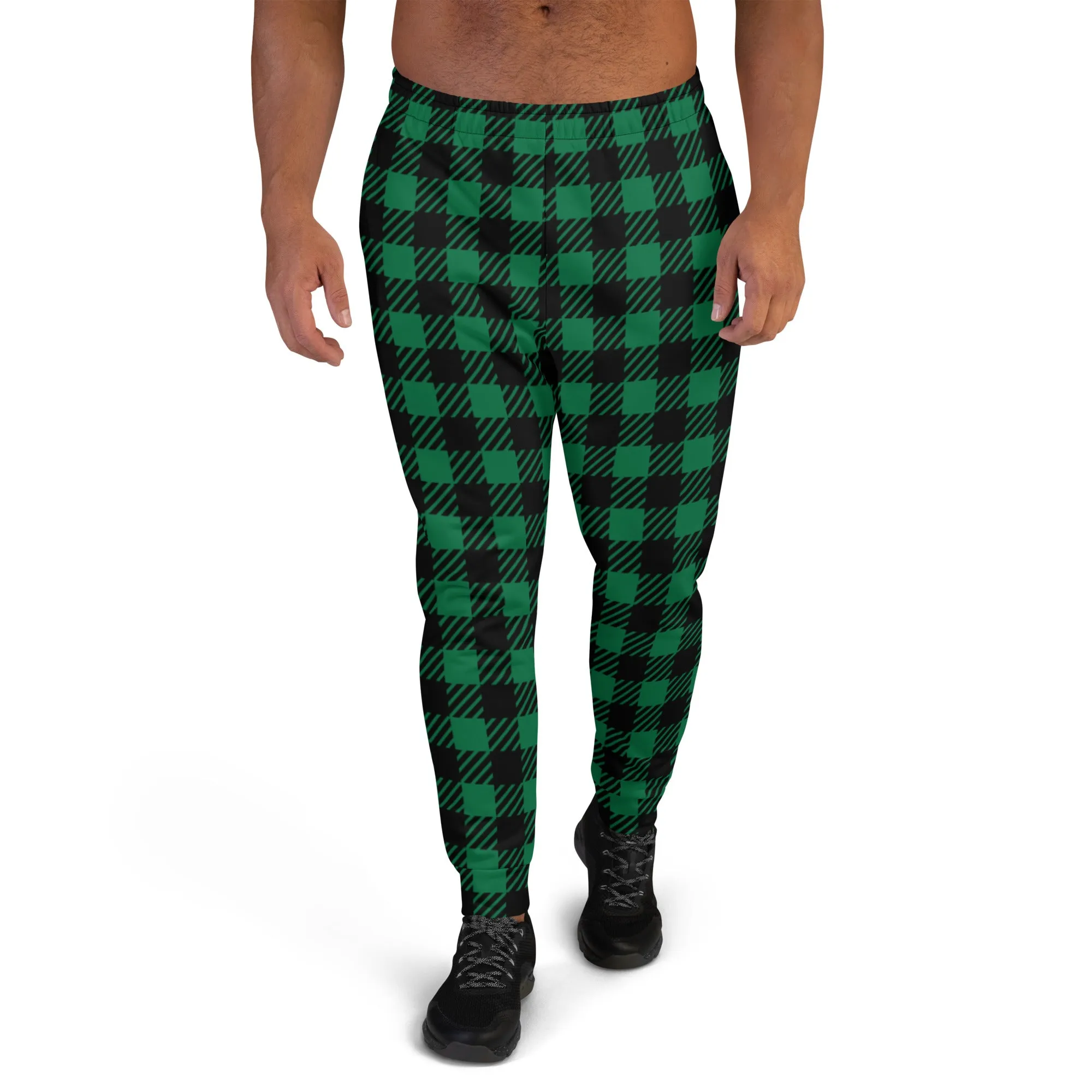 Green Buffalo Print Men's Joggers, Green Plaid Print Men's Sweatpants Pants -Made in USA/EU/MX