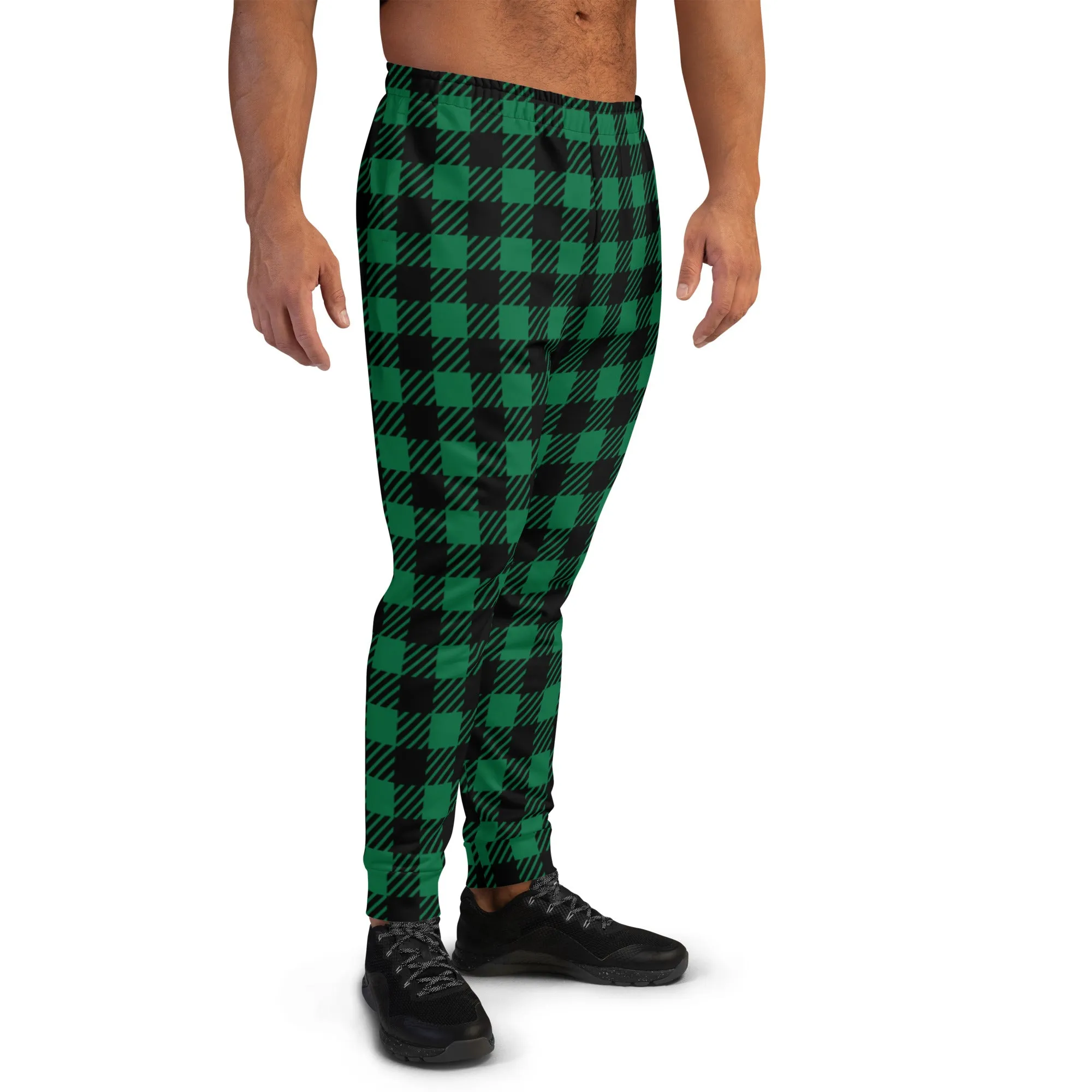 Green Buffalo Print Men's Joggers, Green Plaid Print Men's Sweatpants Pants -Made in USA/EU/MX