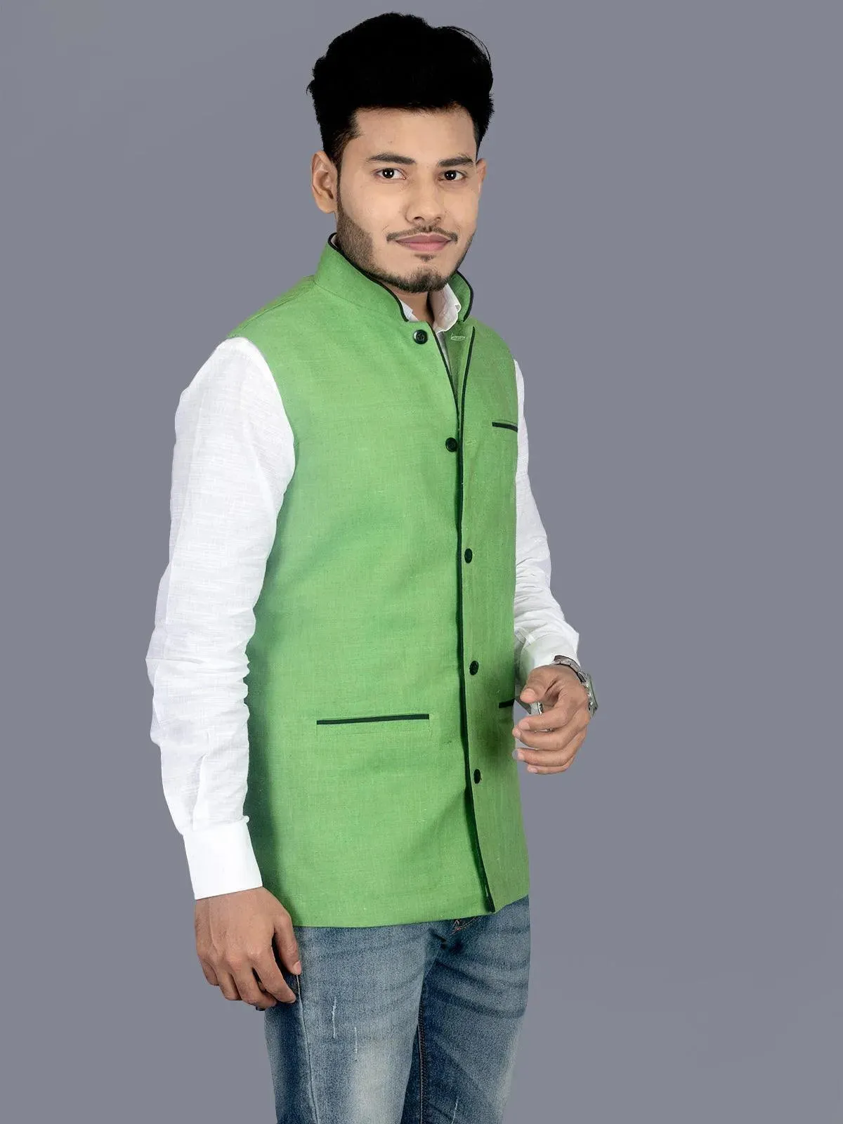 Green Solid Matka Silk Modi Jacket