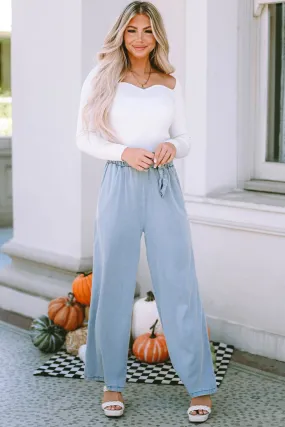 High Rise Wide Leg Chambray Denim Blue Jeans