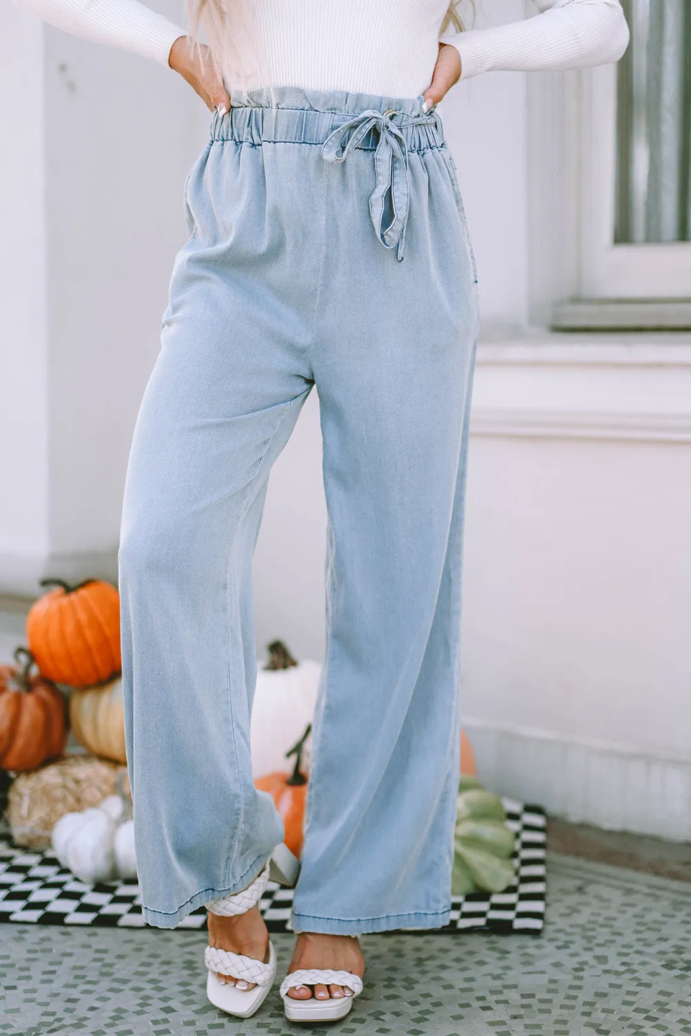 High Rise Wide Leg Chambray Denim Blue Jeans