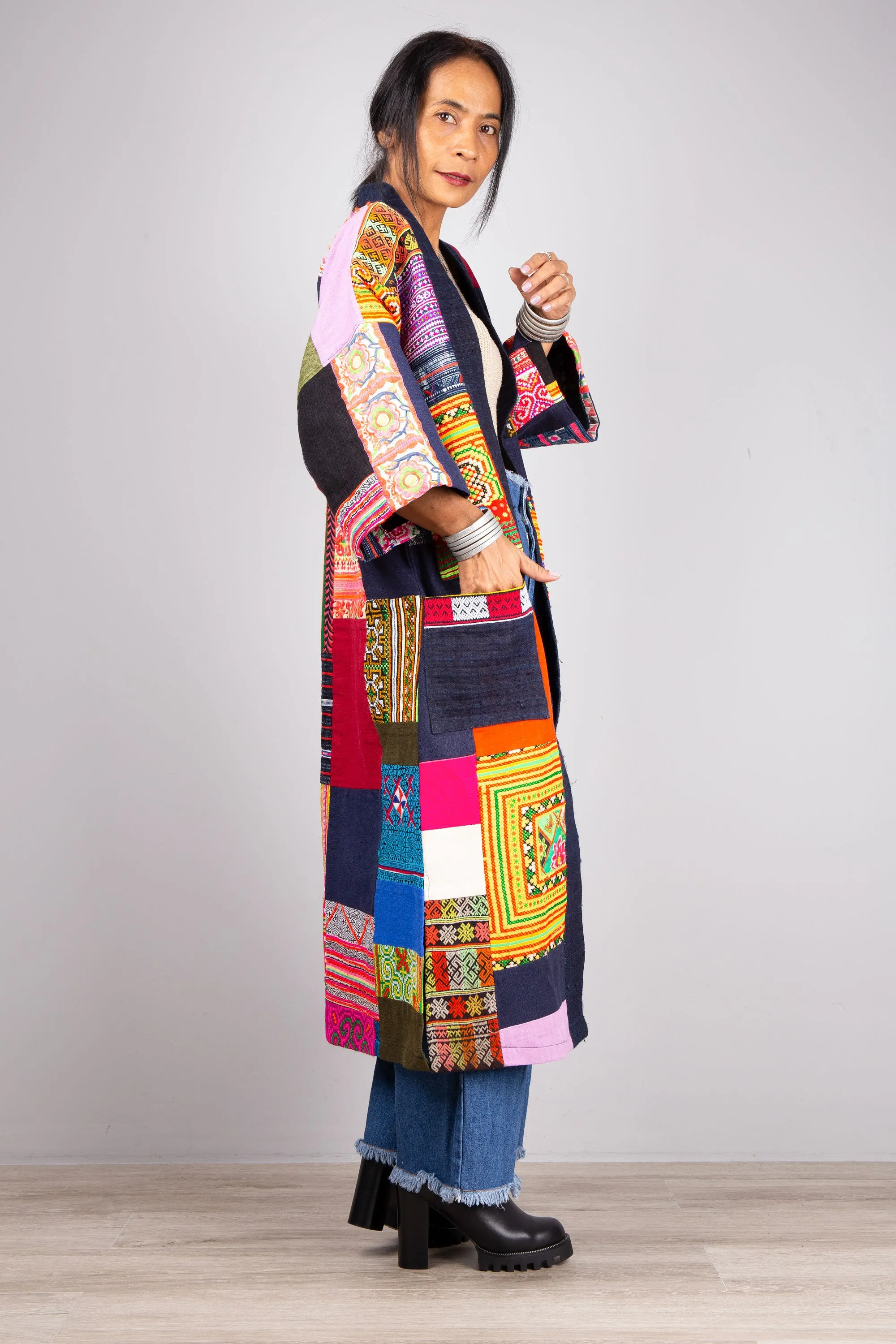 Hill tribe patchwork duster coat