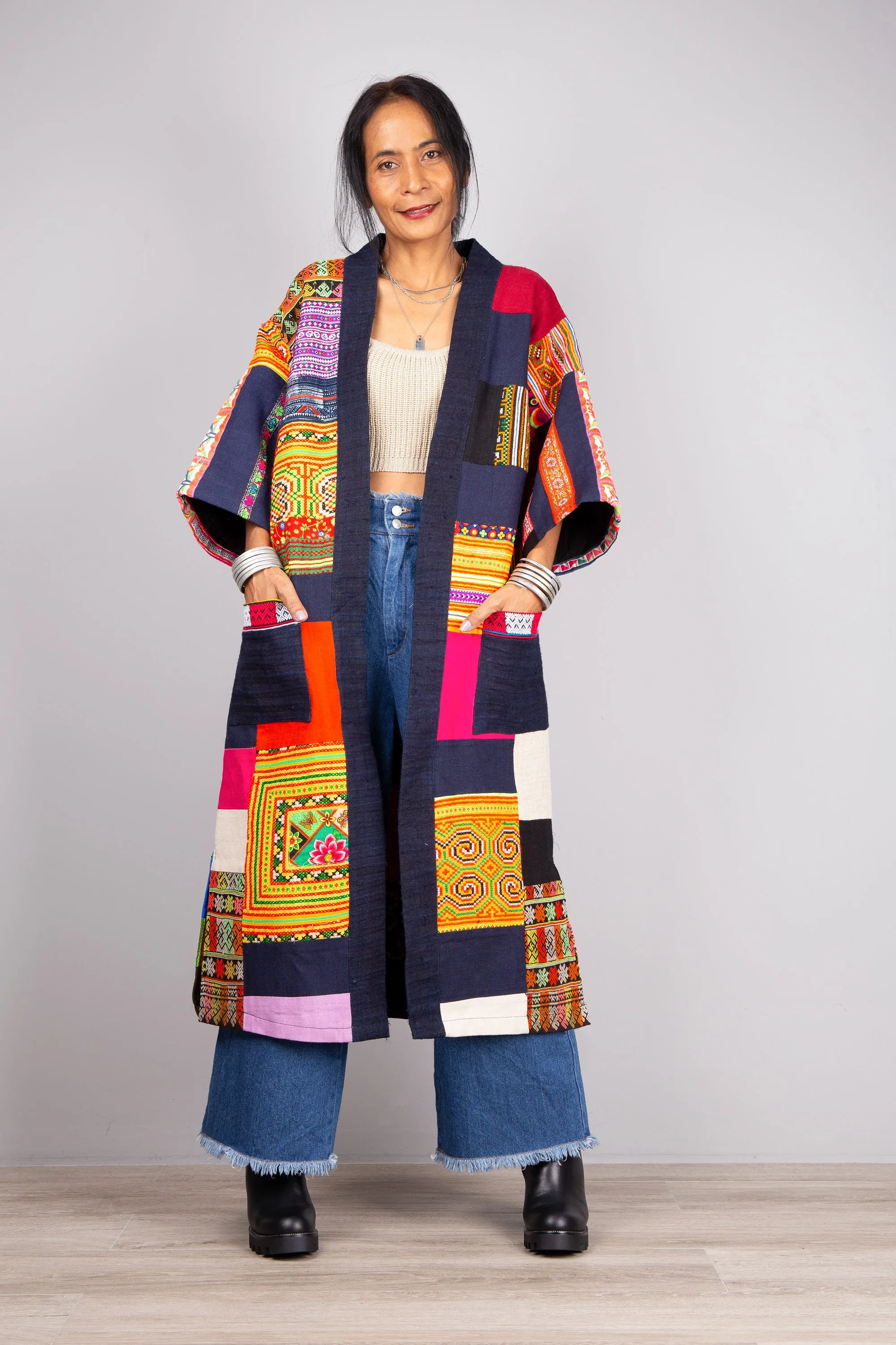 Hill tribe patchwork duster coat