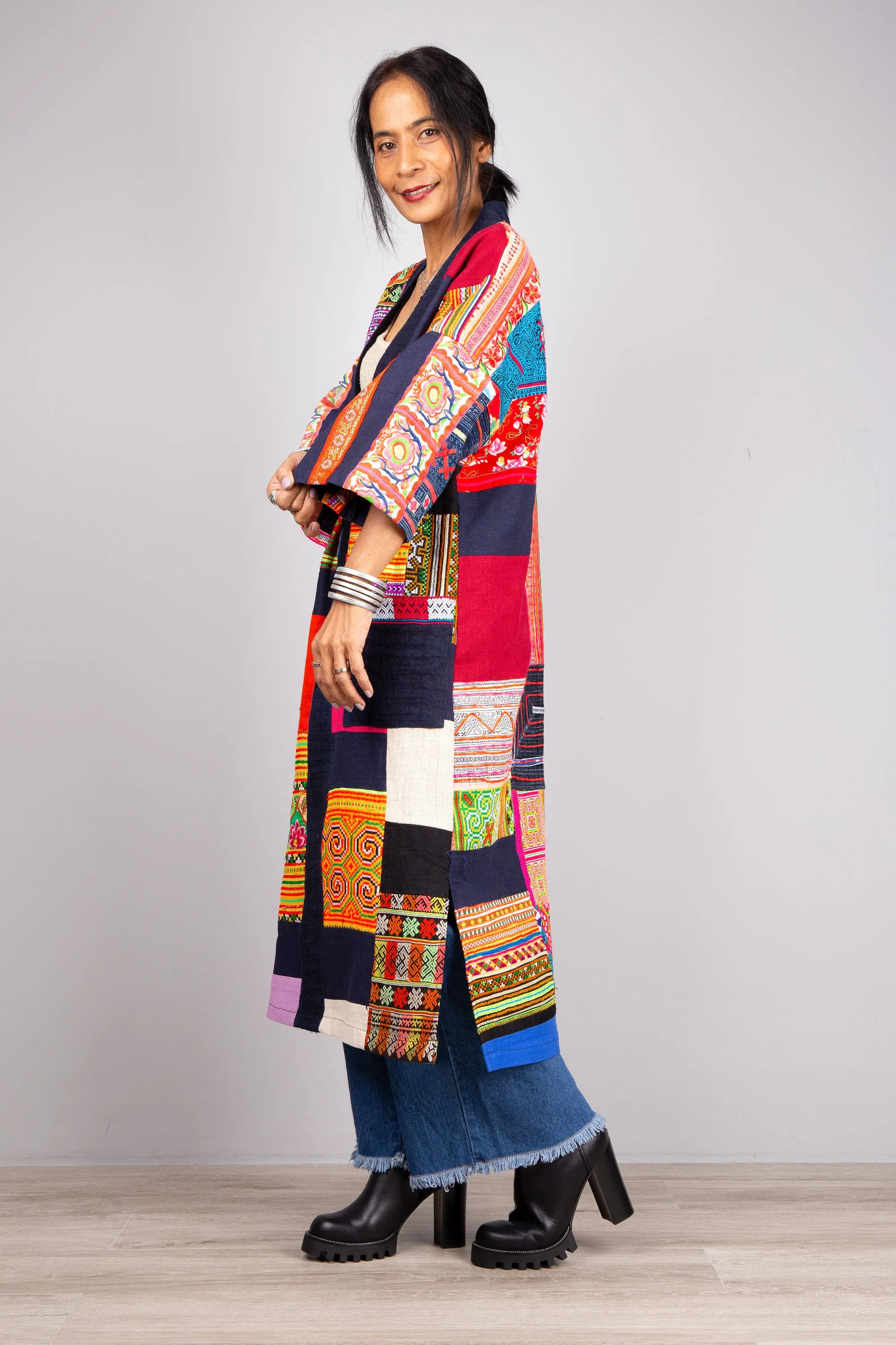 Hill tribe patchwork duster coat