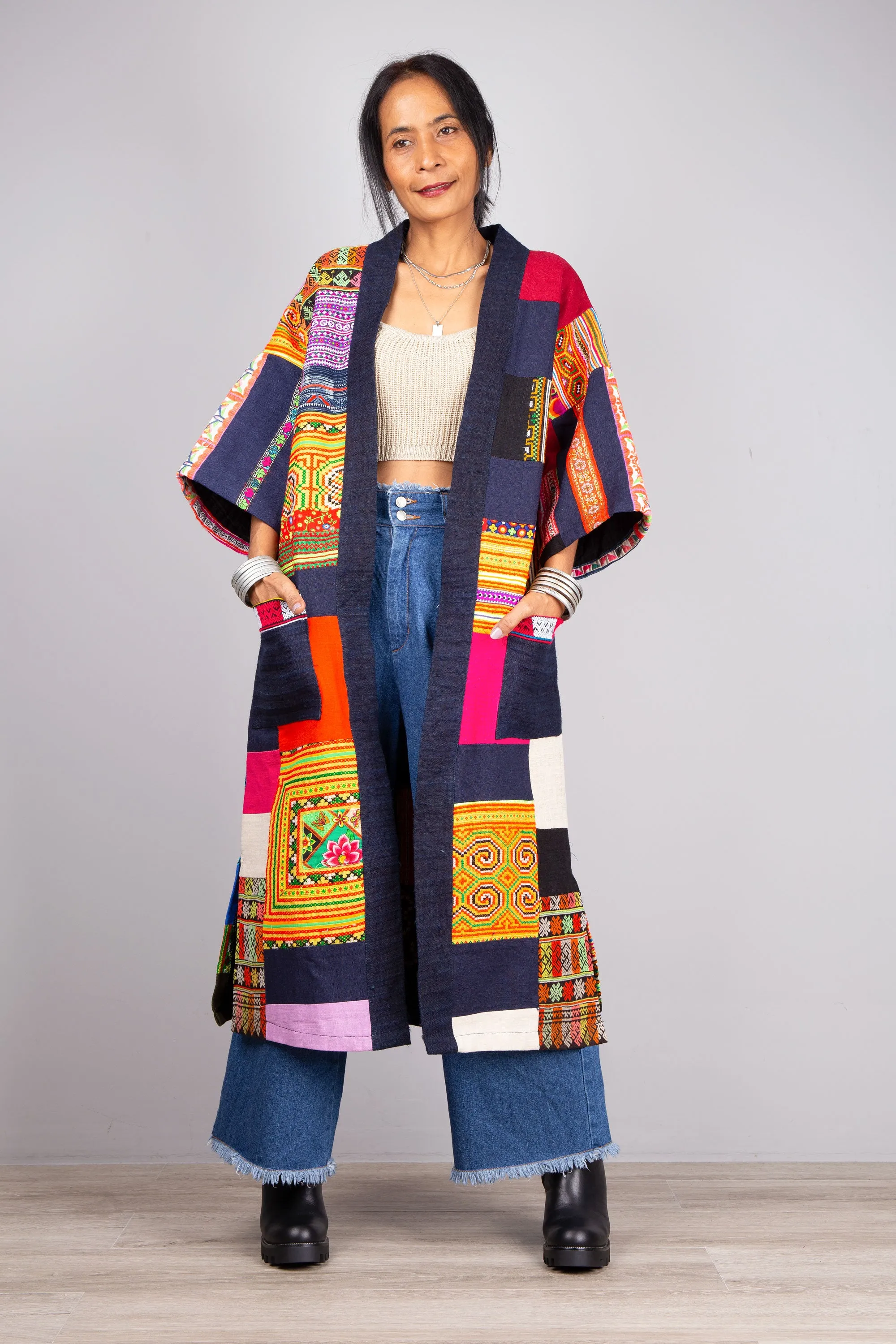 Hill tribe patchwork duster coat