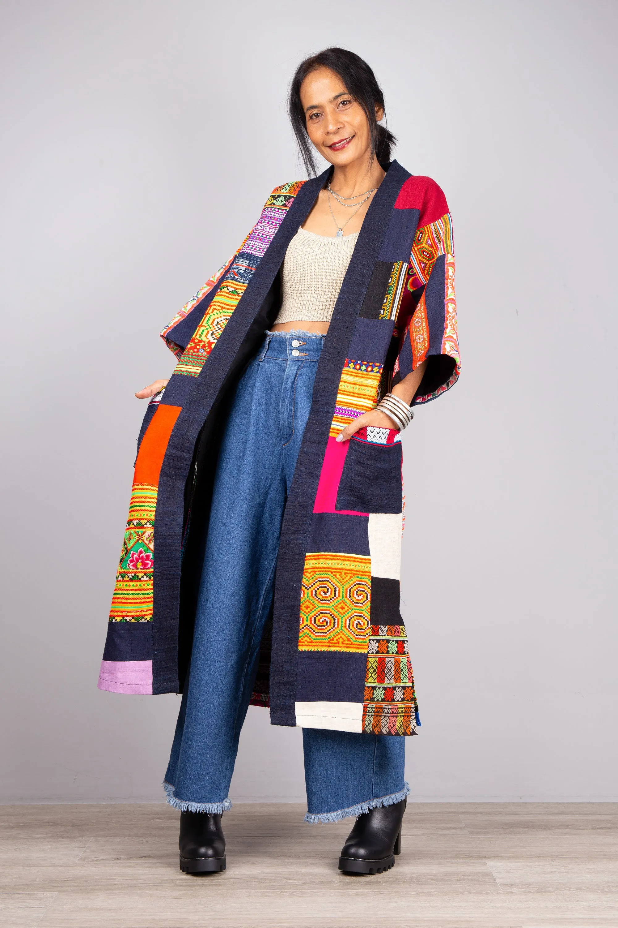 Hill tribe patchwork duster coat