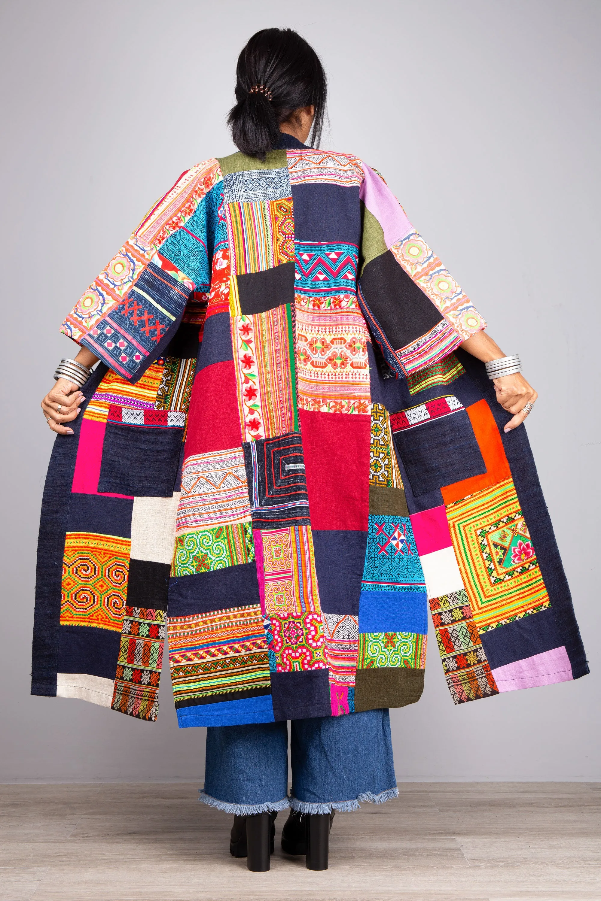 Hill tribe patchwork duster coat