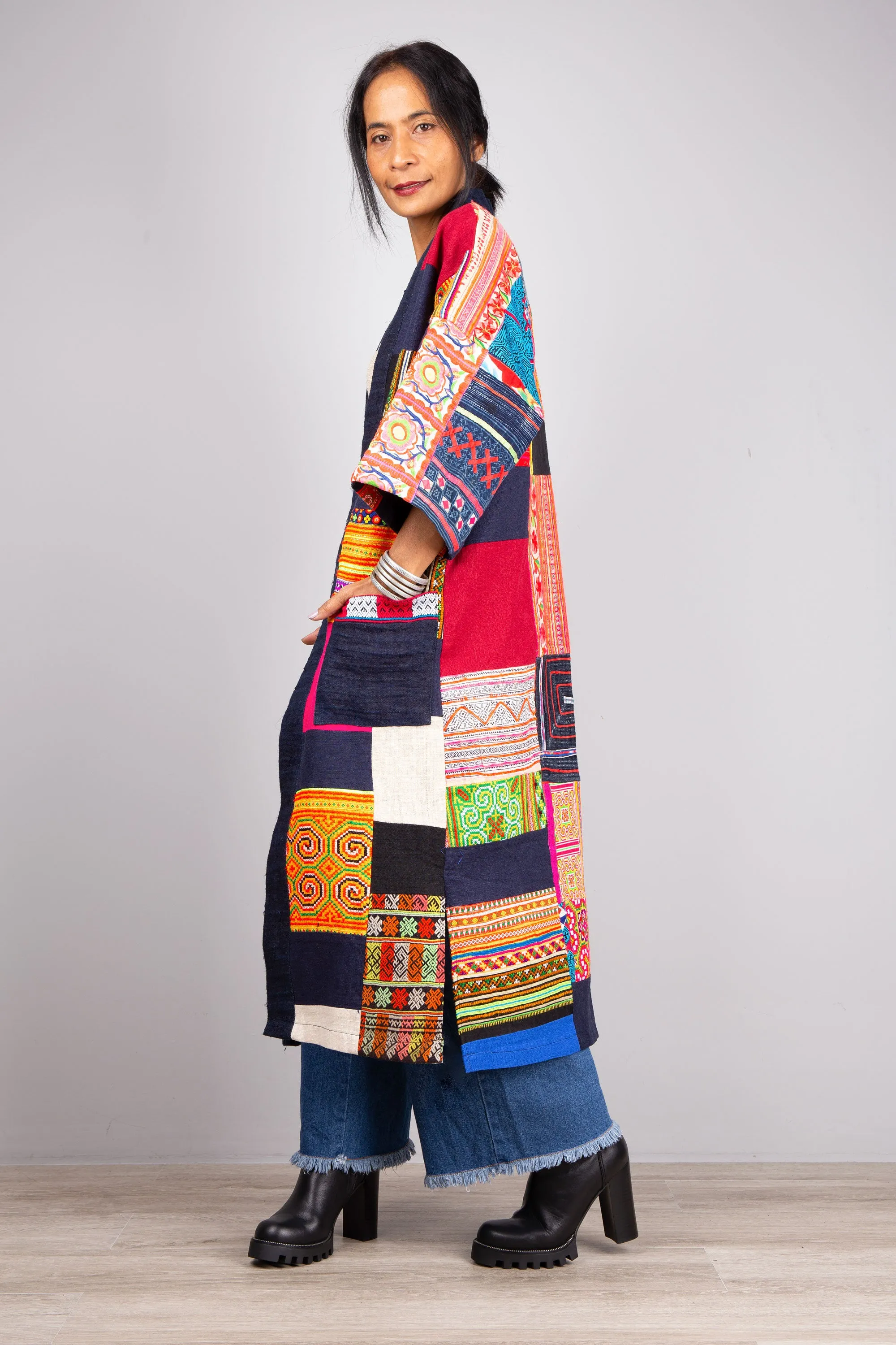 Hill tribe patchwork duster coat