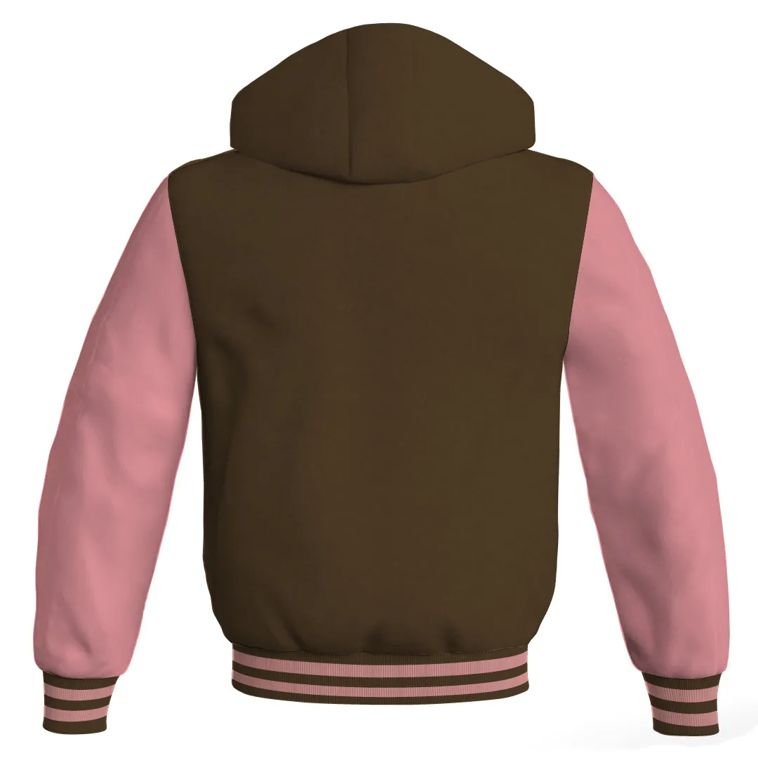 Hooded Bomber Women Brown Body and Pink Leather Sleeves Custom Hoodies