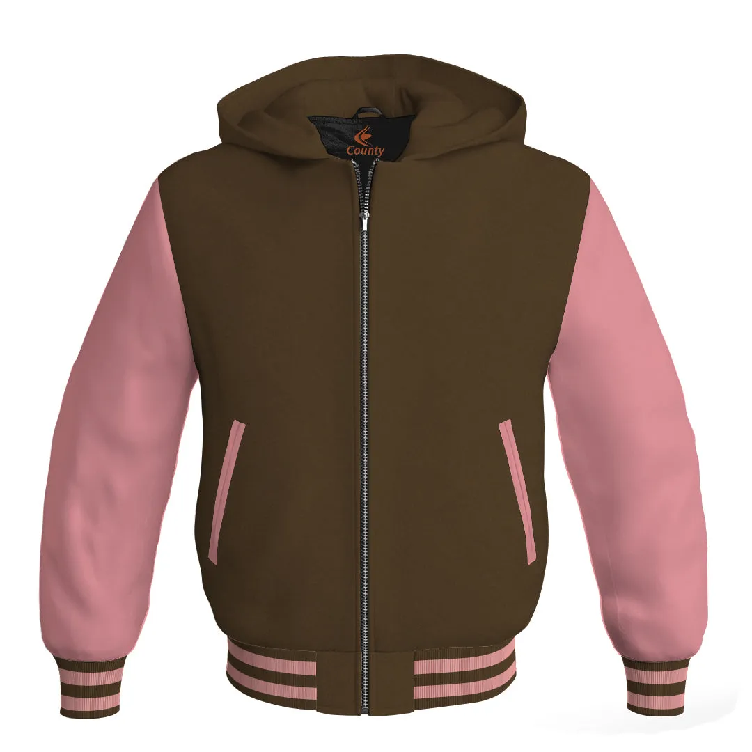 Hooded Bomber Women Brown Body and Pink Leather Sleeves Custom Hoodies