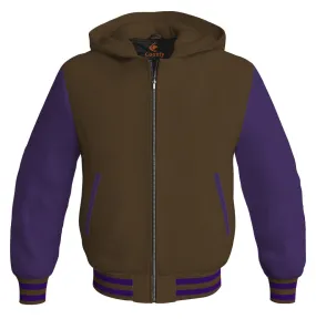 Hooded Bomber Women Brown Body and Purple Leather Sleeves Custom Hoodies