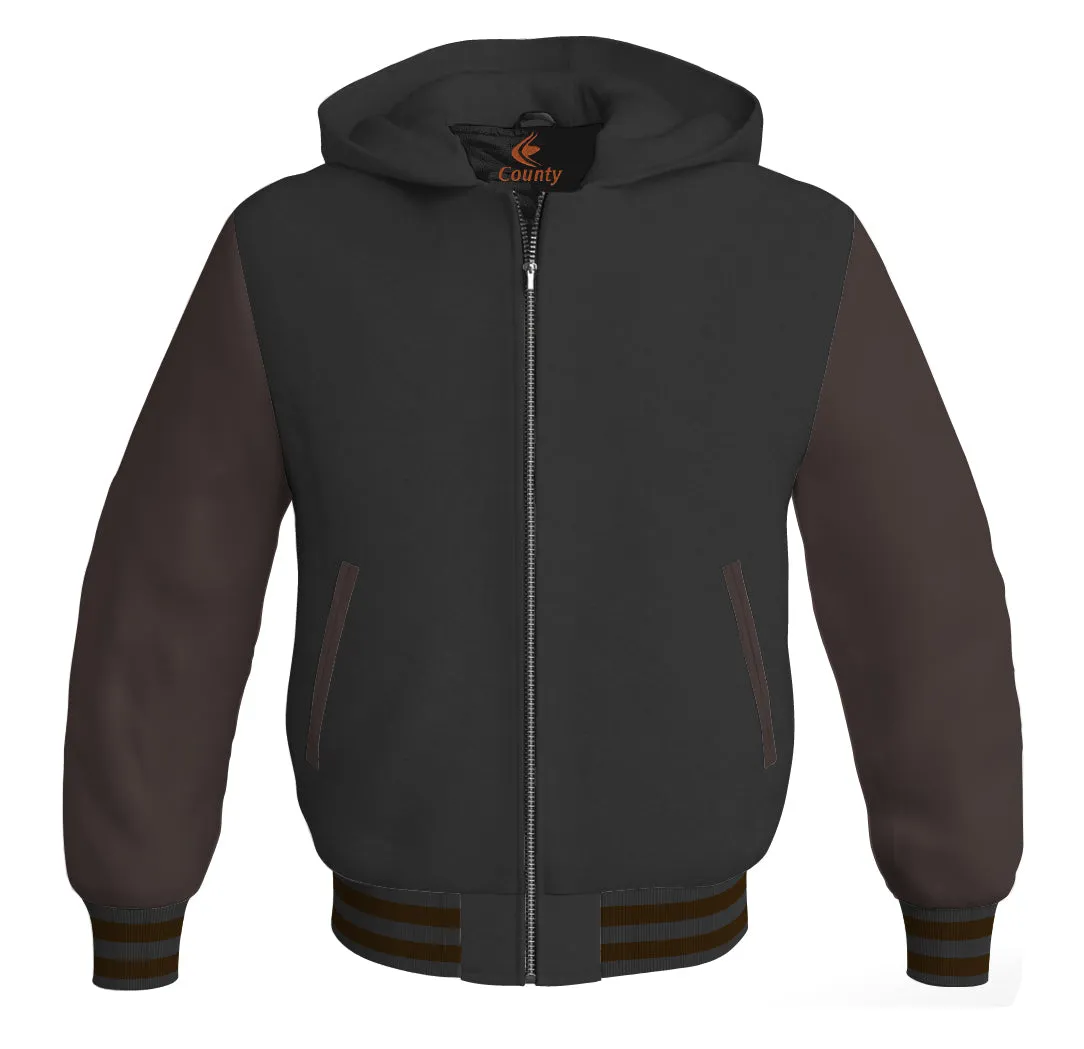 Hoodies For Men Black Body and Brown Leather Sleeves Varsity Hoodie