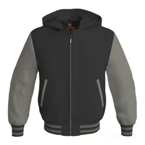 Hoodies For Men Black Body and Gray Leather Sleeves Varsity Hoodie