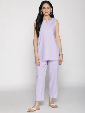 Lavender Poplin SleevelessKurti & Tapered Pants