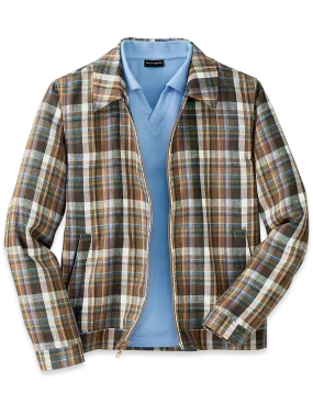 Linen Plaid Bomber Jacket - Tan Multi