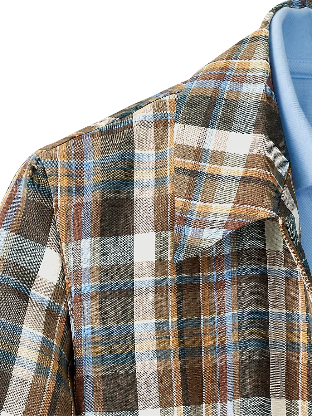 Linen Plaid Bomber Jacket - Tan Multi