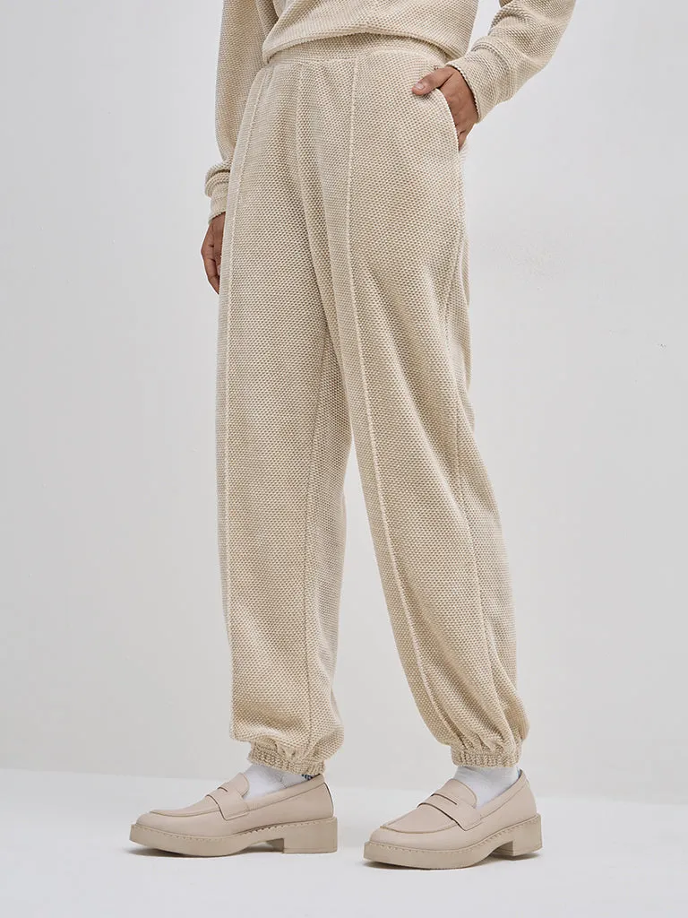 LOV Beige Self-Textured High-Rise Joggers