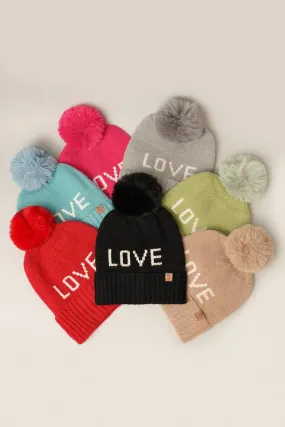 LOVE Ribbed Cuff Knit Beanie Hat w Pom Pom