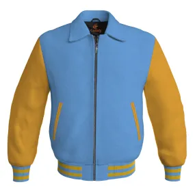 Luxury Bomber Classic Jacket Sky Blue Body and Golden Leather Sleeves