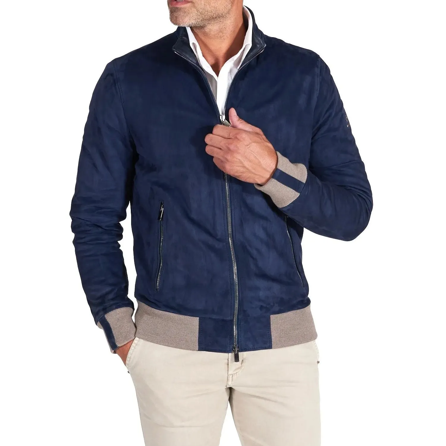 MCKINNON Suede Leather Zip Bomber Jacket BLUE REG