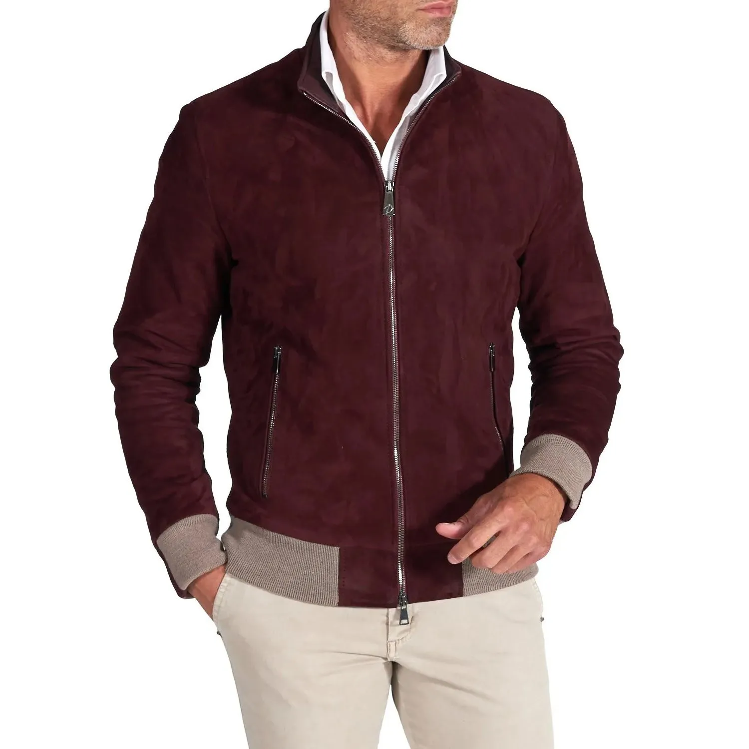 MCKINNON Suede Leather Zip Bomber Jacket BORDEAUX REG