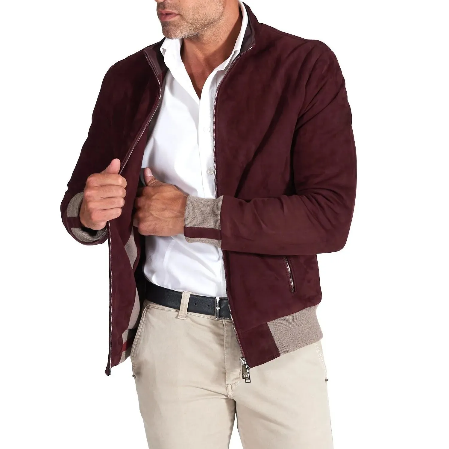 MCKINNON Suede Leather Zip Bomber Jacket BORDEAUX REG