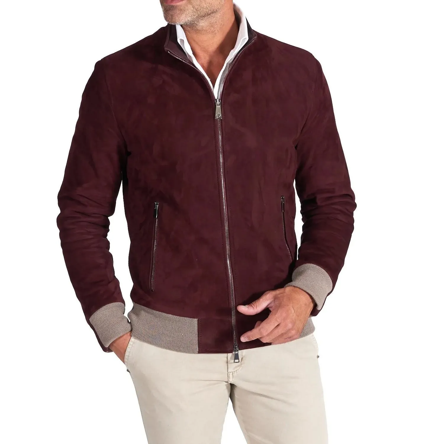 MCKINNON Suede Leather Zip Bomber Jacket BORDEAUX REG