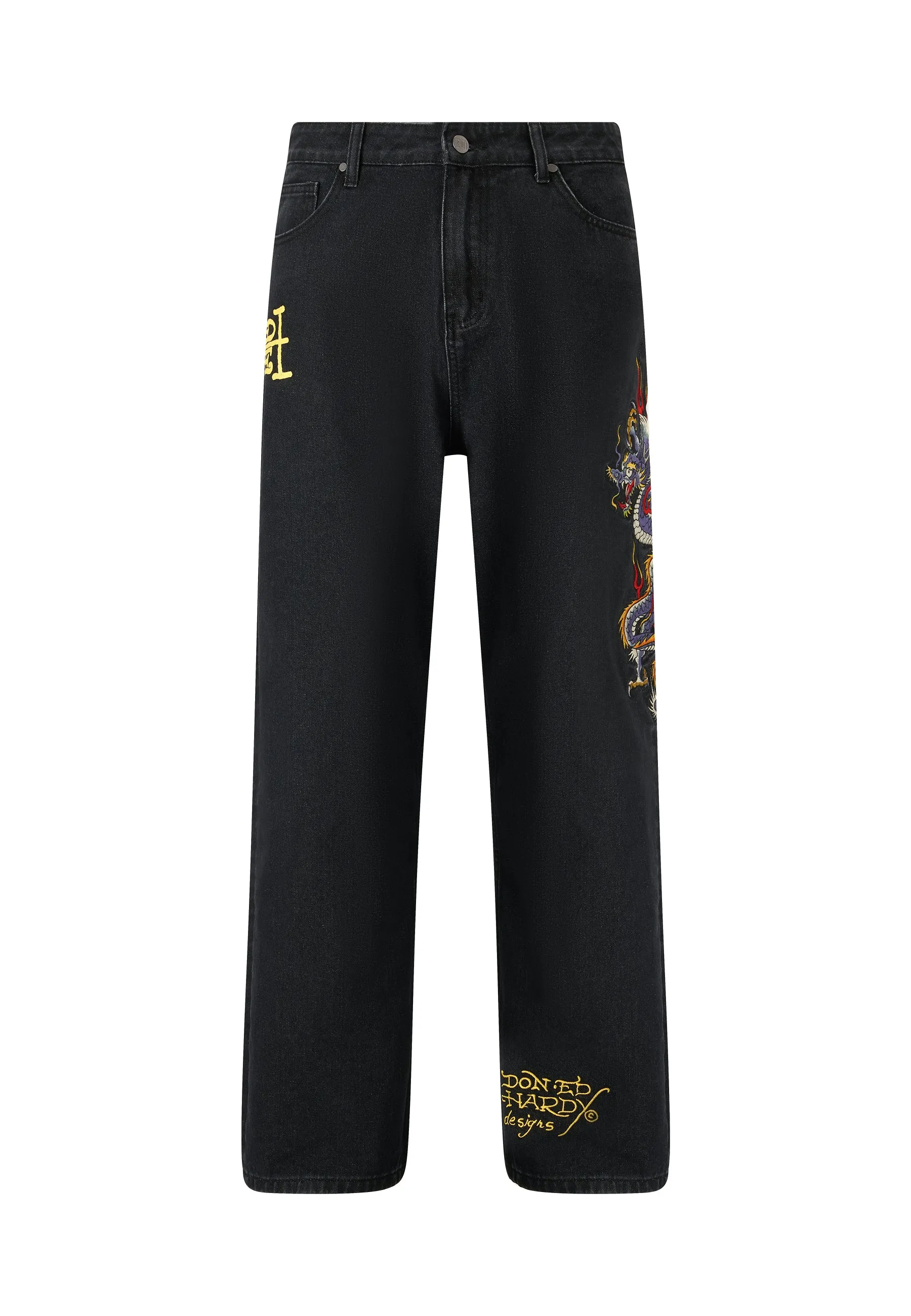 Mens Battle-Dragon Tattoo Denim Trousers Baggy Jeans - Black