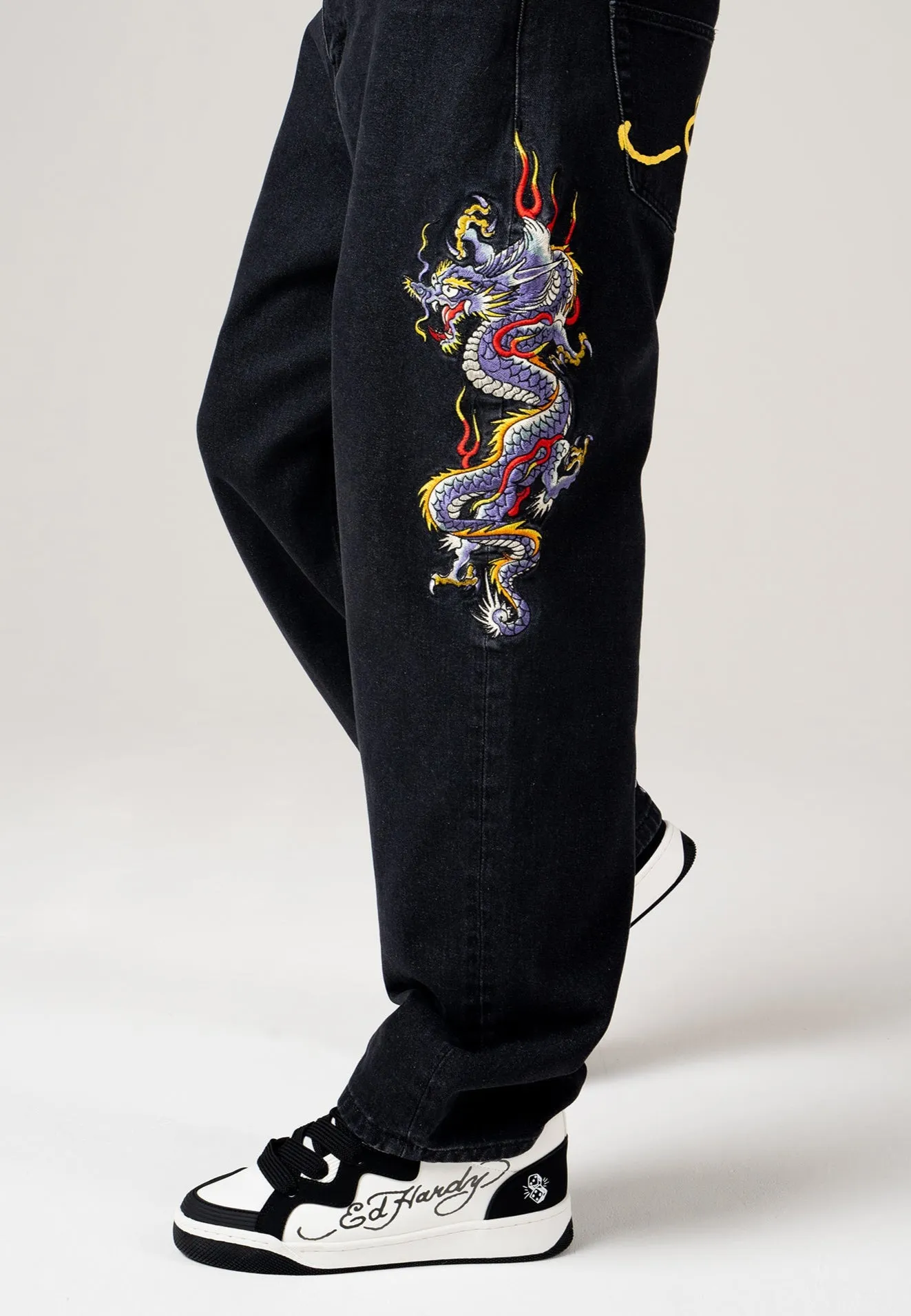 Mens Battle-Dragon Tattoo Denim Trousers Baggy Jeans - Black