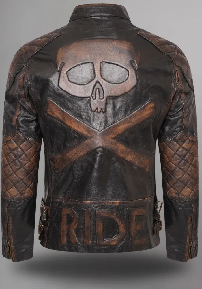 Mens Brown Vintage Motorcycle Cross Sign Leather Jacket