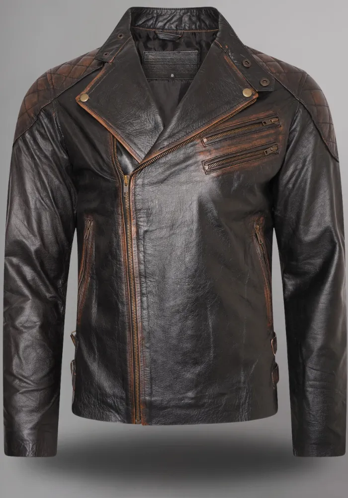 Mens Brown Vintage Motorcycle Cross Sign Leather Jacket