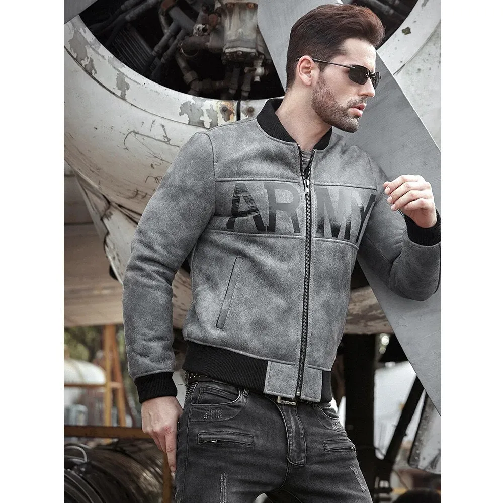 Mens Grey Sheepskin Army Shearling Bomber Jacket