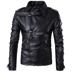 Men’s Laced Military Gothic Black Genuine Sheepskin Racer Classic Fit Biker Leather Jacket