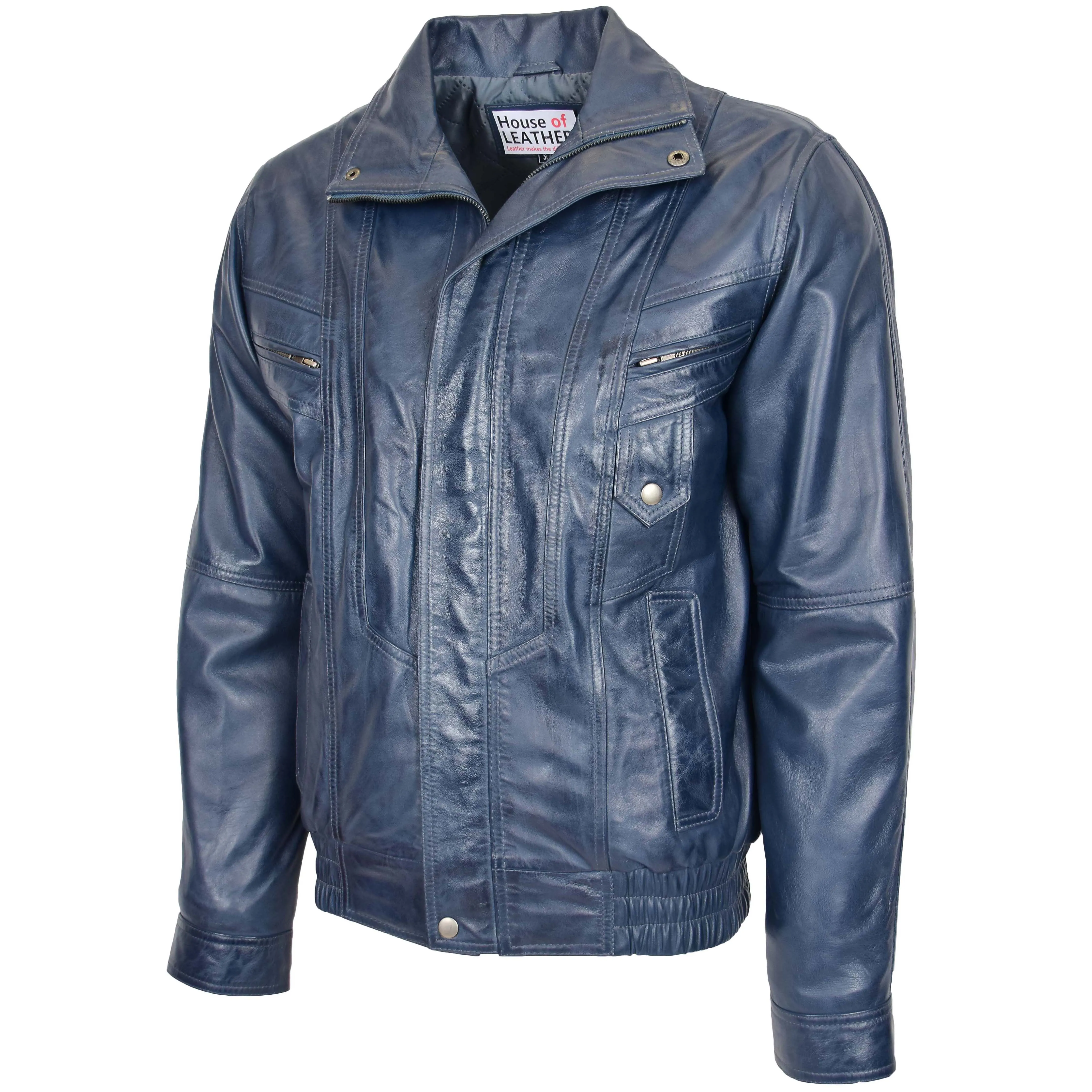 Mens Leather Bomber Blouson Jacket Robert Blue