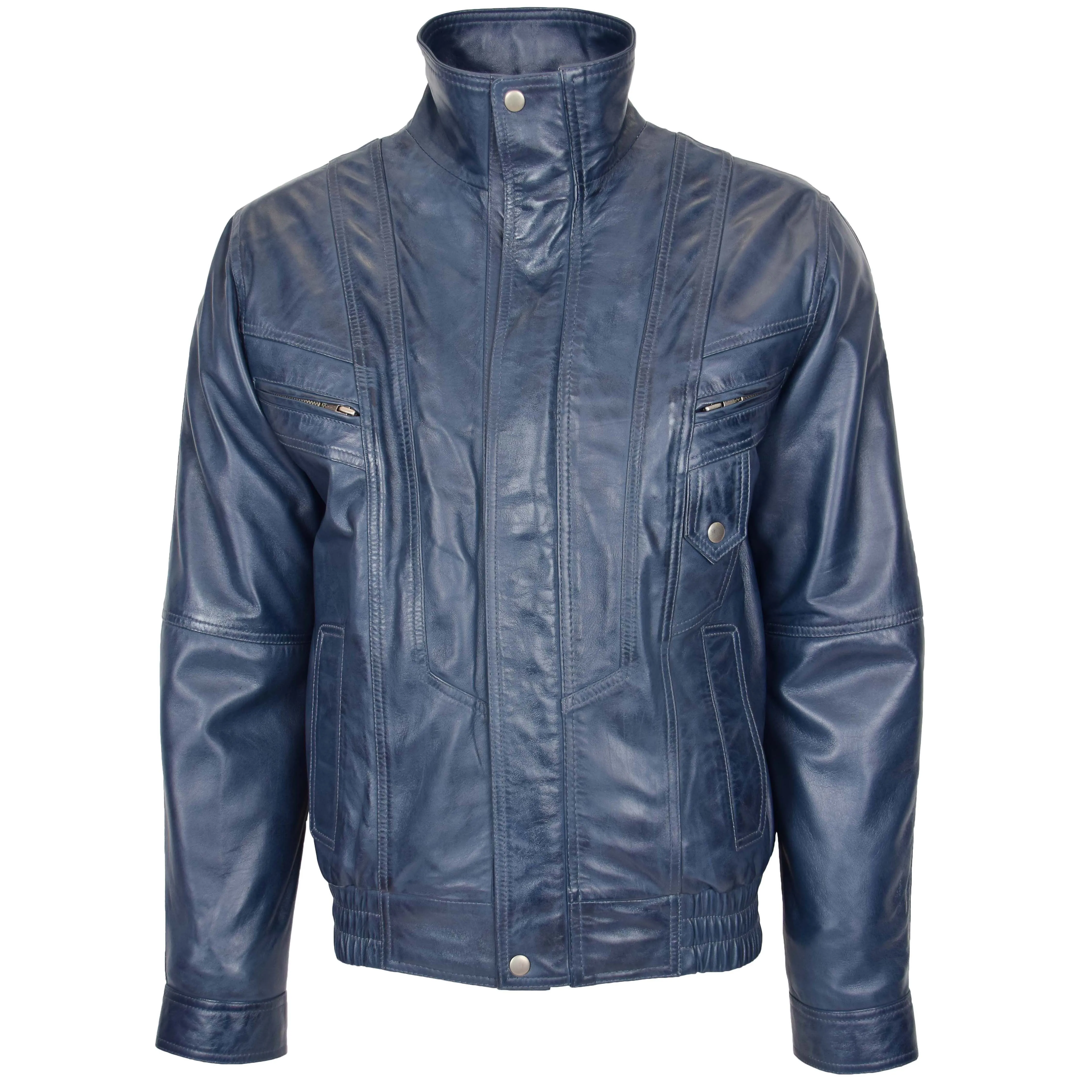 Mens Leather Bomber Blouson Jacket Robert Blue