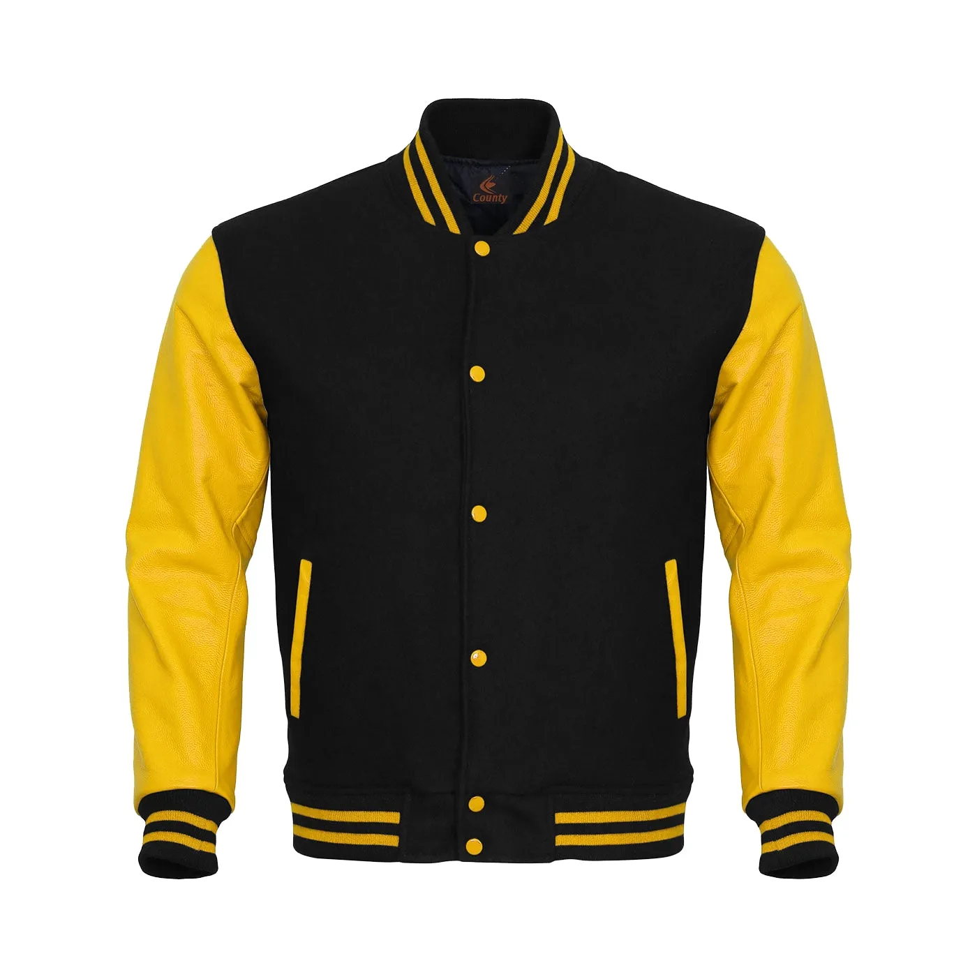 Mens Letterman Jacket Black Body and Yellow Leather Sleeves Varsity Jacket