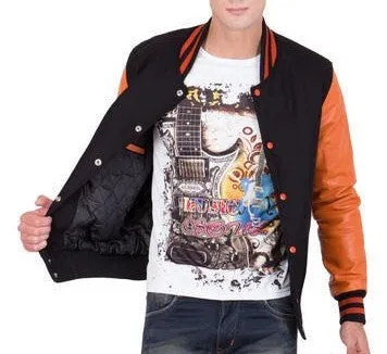 Men's Letterman Varsity Bomber Jacket with Striped Rib & Genuine Leather Sleeves - Orange