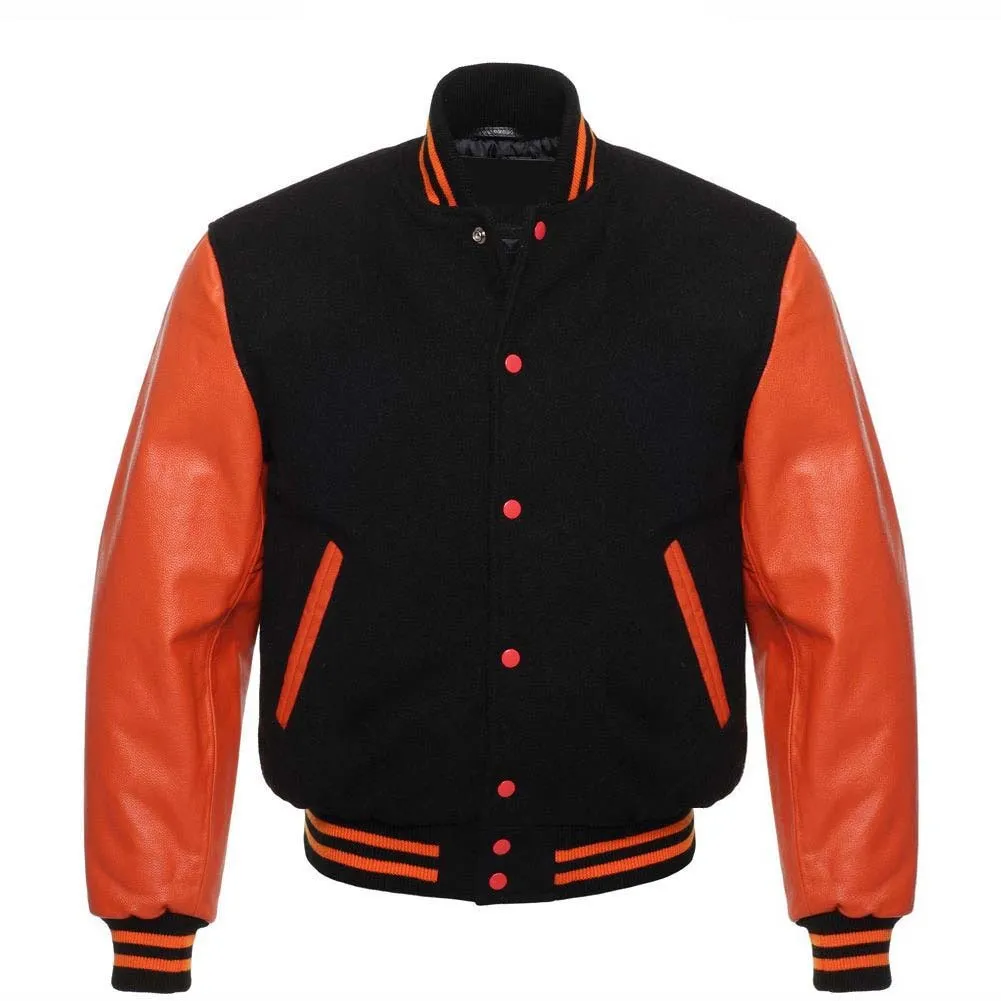 Men's Letterman Varsity Bomber Jacket with Striped Rib & Genuine Leather Sleeves - Orange