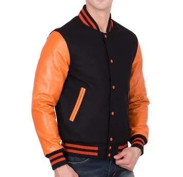 Men's Letterman Varsity Bomber Jacket with Striped Rib & Genuine Leather Sleeves - Orange