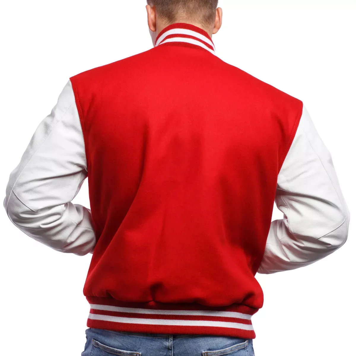 Men's Letterman Varsity Bomber Jacket with Striped Rib & Genuine Leather Sleeves - Red